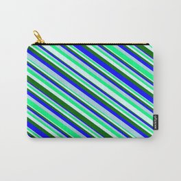 [ Thumbnail: Eyecatching Light Blue, Green, Light Cyan, Dark Green & Blue Colored Pattern of Stripes Carry-All Pouch ]