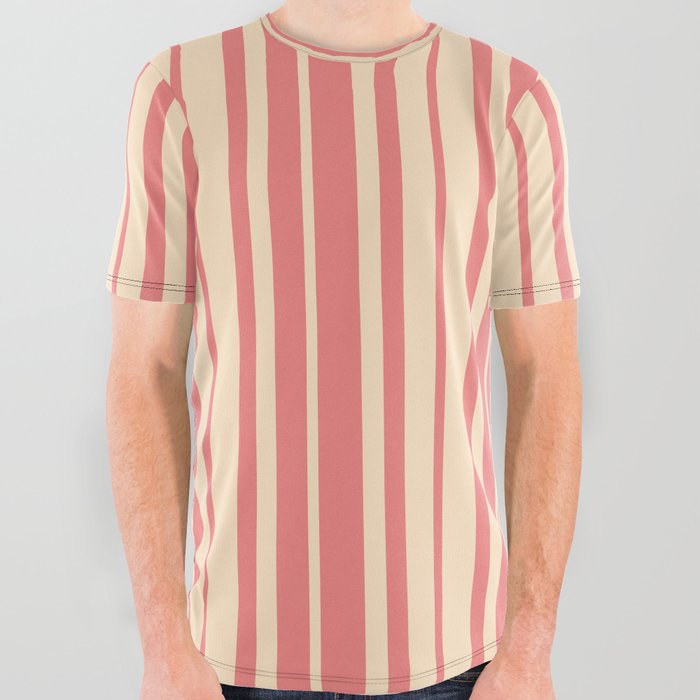 Light Coral and Bisque Colored Stripes/Lines Pattern All Over Graphic Tee