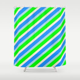 [ Thumbnail: Blue, Light Blue, Lime & Beige Colored Lined/Striped Pattern Shower Curtain ]