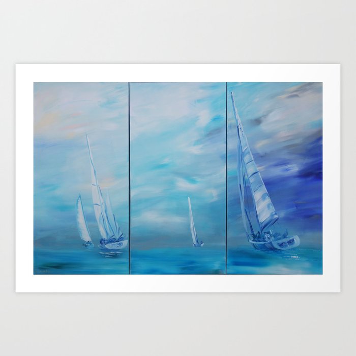 Regata Yachts Sailboat Marine Tryptych Blue Paintings S054 Acrylic