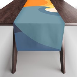 Overflow - Blue Colourful Minimalistic Retro Style Double Wave Sunset Table Runner