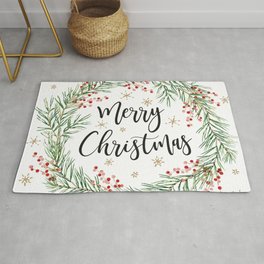 Merry Christmas wreath with red berries Rug