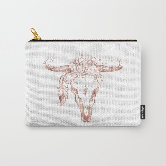 Rose Gold Bull Skull with Pink Feather Flowers Carry-All Pouch