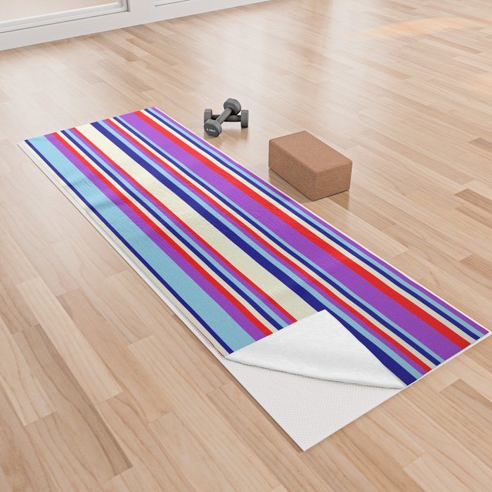 Eye-catching Beige, Red, Dark Orchid, Sky Blue, and Dark Blue Colored Stripes/Lines Pattern Yoga Towel