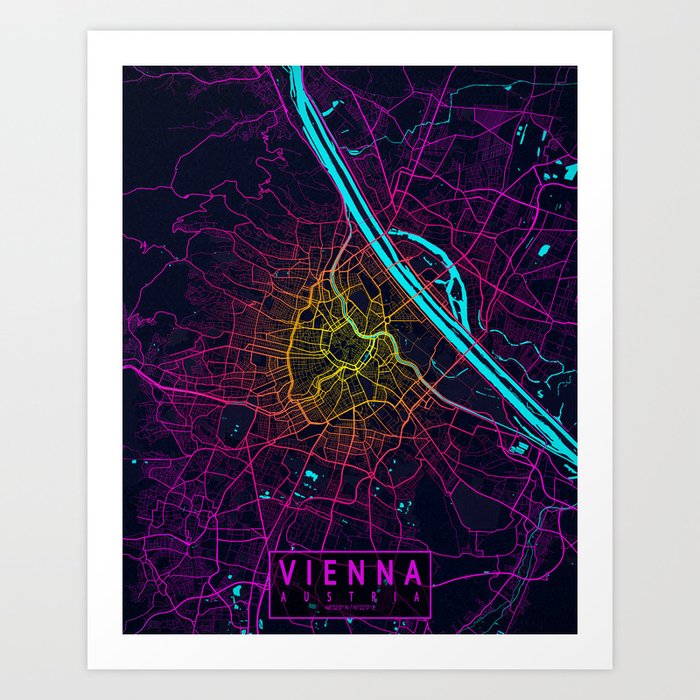 Vienna City Map of Austria - Neon Art Print
