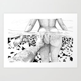 The Swim Art Print | Drawing, Love, Sea, Summer, Digital, People, Figurative, Black and White, Illustration 