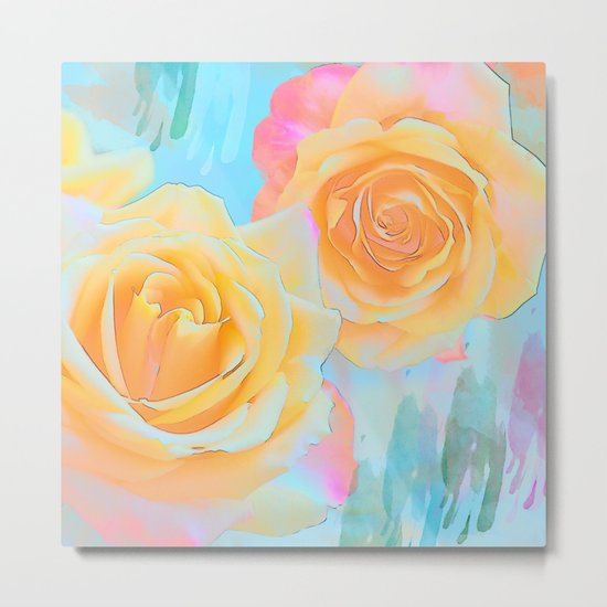 Pastel roses on an abstract water colour background Metal Print