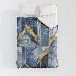 Art Deco Gold + Midnight Blue Marble Abstract Geometry Duvet Cover