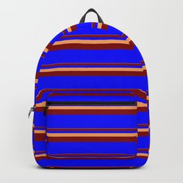 [ Thumbnail: Brown, Maroon, and Blue Colored Lined Pattern Backpack ]
