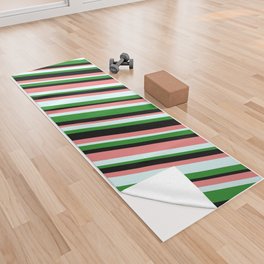 [ Thumbnail: Forest Green, Black, Light Coral & Light Cyan Colored Stripes/Lines Pattern Yoga Towel ]