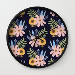 Soft Pink and Buttermilk Yellow Floral Pattern Navy Blue Background Wall Clock