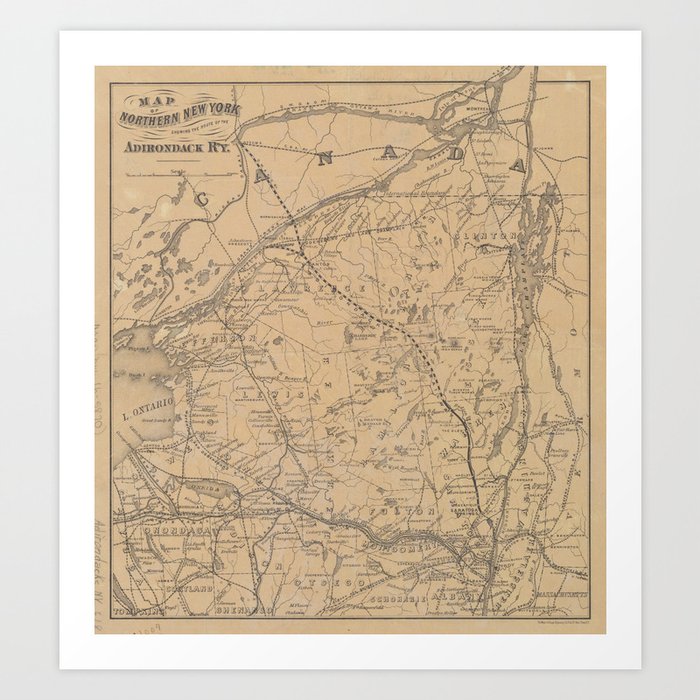 Vintage Adirondack Mountains Railroad Map (1895) V.2 Art Print
