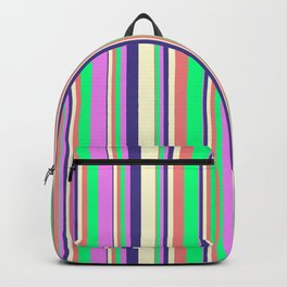 [ Thumbnail: Vibrant Light Coral, Green, Violet, Dark Slate Blue, and Light Yellow Colored Pattern of Stripes Backpack ]