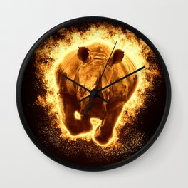 Charging Flaming Golden Rhino (Diceros Bicornis also known as Hook-lipped Rhinoceros) - African Animals  - Fantasy Animal Artwork - Fire Effect - Amazing Watercolor plus Oil painting - Wall Clock