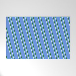 [ Thumbnail: Cornflower Blue, Green & Lavender Colored Lined Pattern Welcome Mat ]