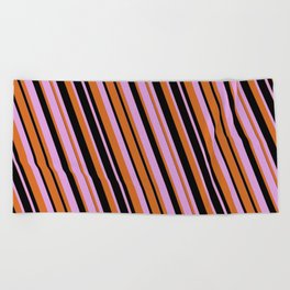 [ Thumbnail: Plum, Chocolate, and Black Colored Lines/Stripes Pattern Beach Towel ]