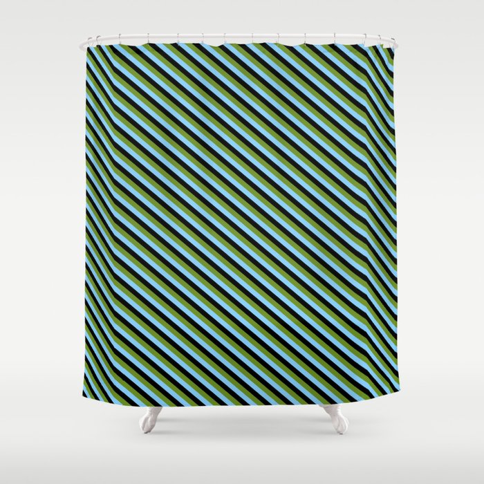 Green, Light Sky Blue, and Black Colored Pattern of Stripes Shower Curtain