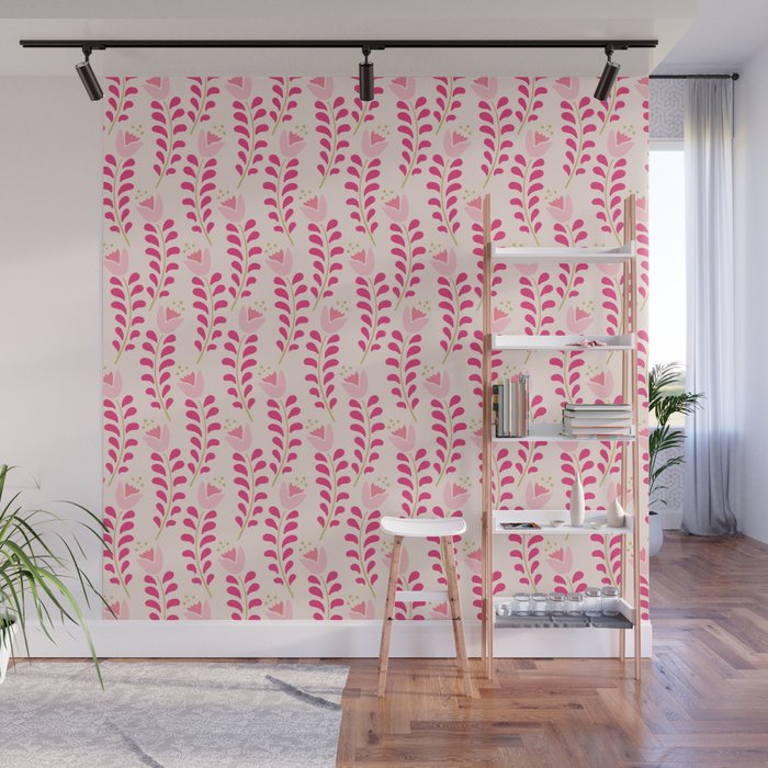 Spring Flower Pattern In Pastel Pink Color Palette Wall Mural By