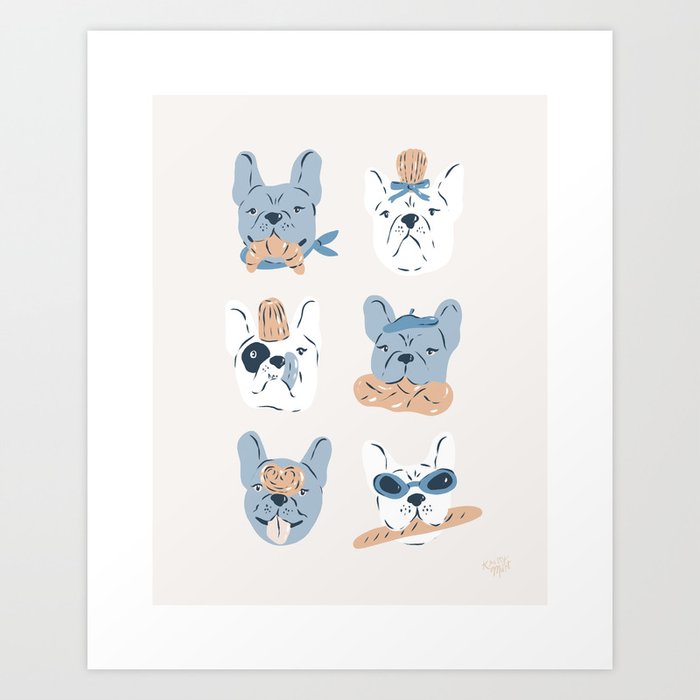 French Bulldogs with Pastries in Blue Art Print