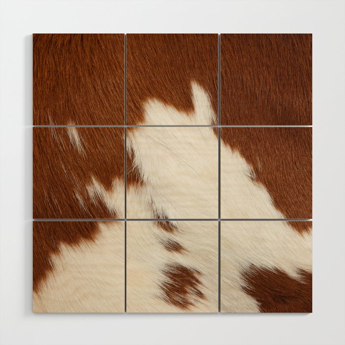 Brown and White Cowhide, Cow Skin Print Pattern Wood Wall Art