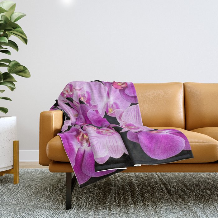 Purple & Pink Butterfly Orchids On Black Art Throw Blanket