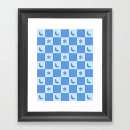 Star And Moon - Checkered Pattern - Blue Framed Art Print