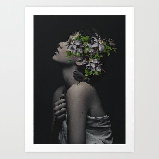 woman with flowers and birds 1 Art Print