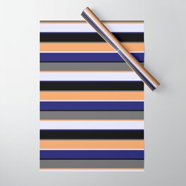 [ Thumbnail: Vibrant Black, Dim Grey, Brown, Lavender & Midnight Blue Colored Pattern of Stripes Wrapping Paper ]