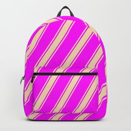 [ Thumbnail: Fuchsia and Tan Colored Lined Pattern Backpack ]