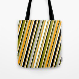 [ Thumbnail: Vibrant Green, Grey, Orange, Mint Cream, and Black Colored Lined/Striped Pattern Tote Bag ]