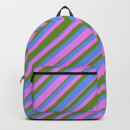 [ Thumbnail: Green, Cornflower Blue & Violet Colored Striped Pattern Backpack ]