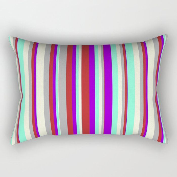 Dark Violet, Red, Dark Grey, Beige & Aquamarine Colored Striped Pattern Rectangular Pillow