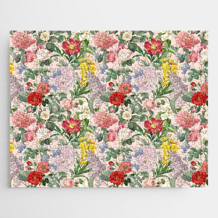 VINTAGE GARDEN  Botanical Illustration Collage  - Pink  Jigsaw Puzzle