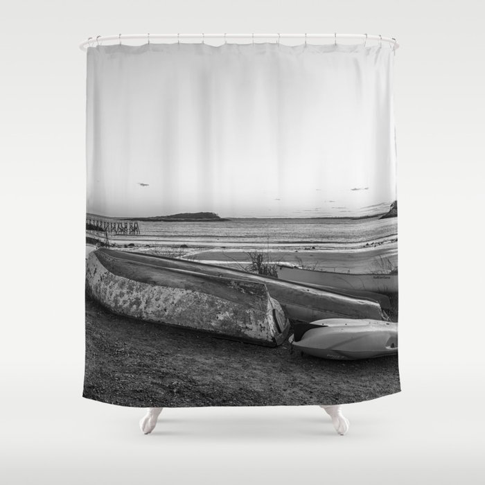 Magnolia Pier at sunset Black and white Shower Curtain