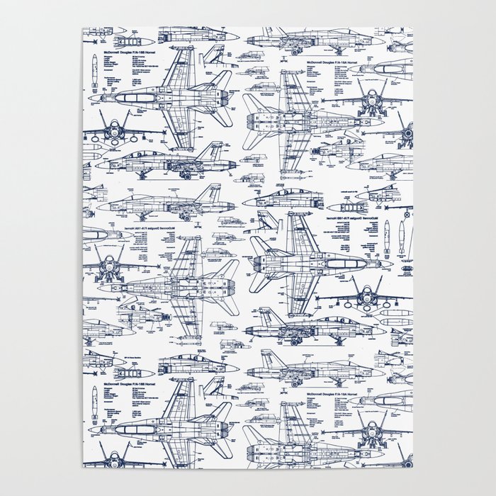 F-18 Blueprints // Blue Ink Poster