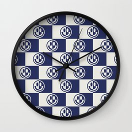 Smiley Faces On Checkerboard (Muted Beige & Dark Blue)  Wall Clock