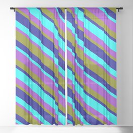 [ Thumbnail: Aqua, Dark Orchid, Green, and Dark Blue Colored Stripes/Lines Pattern Sheer Curtain ]