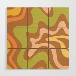 Retro Liquid Swirl Abstract Pattern Square in Light Brown Green Yellow Orange Blush Wood Wall Art