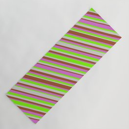 [ Thumbnail: Sienna, Orchid, Green & Light Gray Colored Stripes Pattern Yoga Mat ]