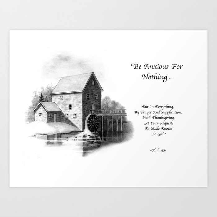 Old Grist Mill in Pencil, With Bible Verse Art Print