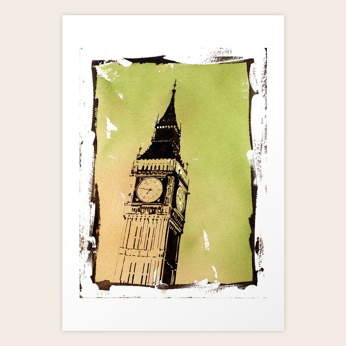 Watercolor painting of Big Ben rising above buildings near Trafalgar
