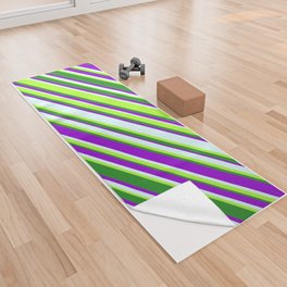 [ Thumbnail: Dark Violet, Light Cyan, Light Green & Forest Green Colored Lines Pattern Yoga Towel ]