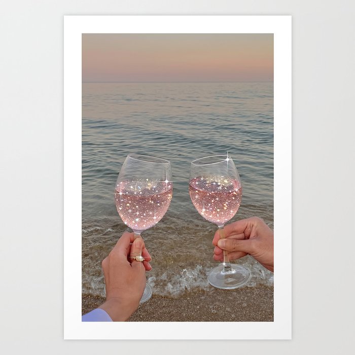 Wine Glass Glitter Sunset Drinks  Art Print