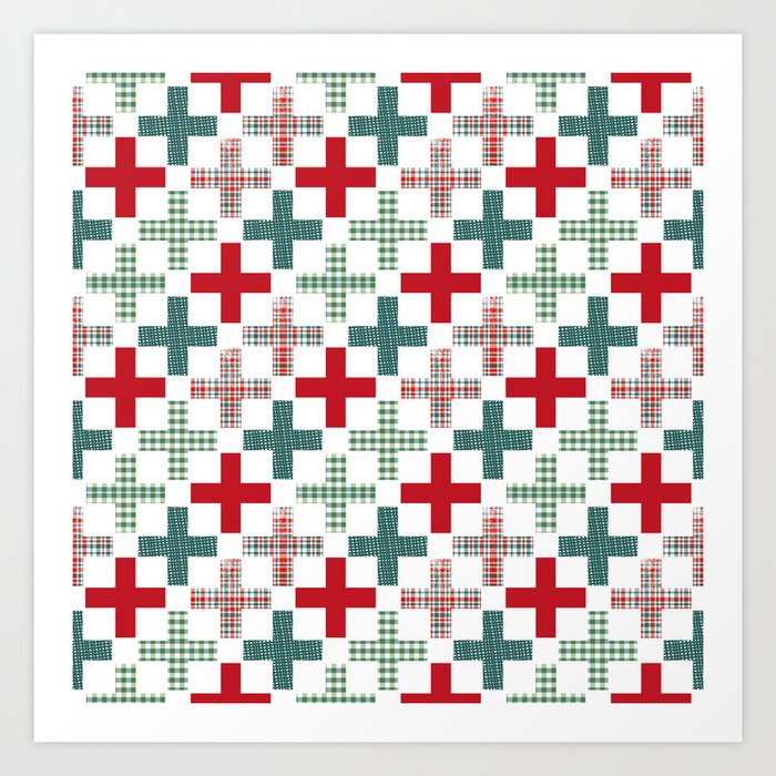 Swiss cross christmas minimal pattern red and green holiday festive pattern gifts Art Print
