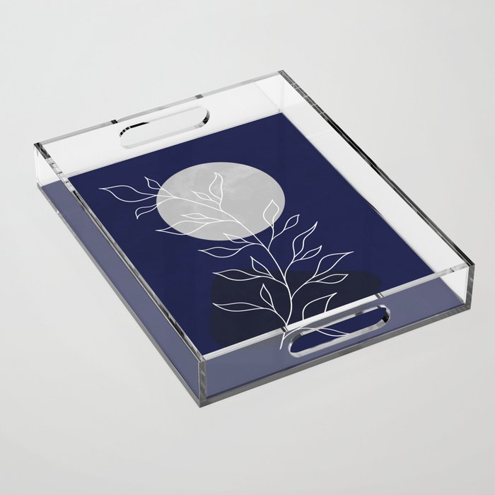 Abstract landscape with a silver moon in a blue night Acrylic Tray