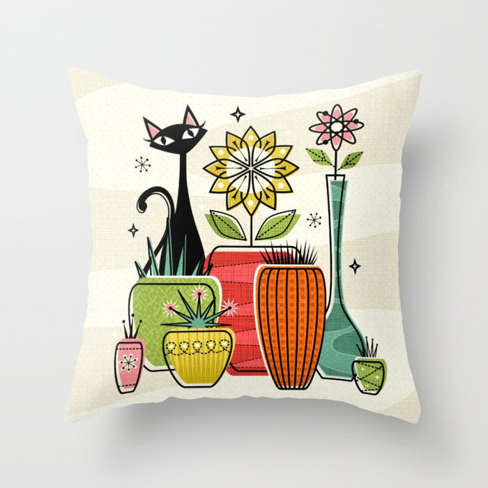 Plants, Pots, and a Pussycat ©studioxtine Throw Pillow