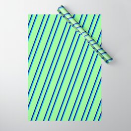 [ Thumbnail: Green, Blue & Deep Sky Blue Colored Stripes Pattern Wrapping Paper ]