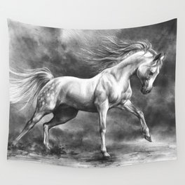 Running white horse - equine art Wall Tapestry