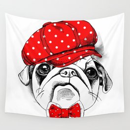 Portrait Dog Pug Red Cap Tie Wall Tapestry