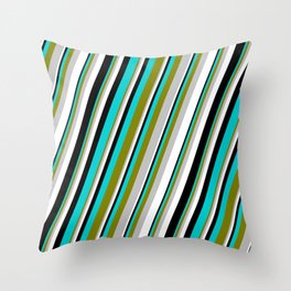 [ Thumbnail: Eye-catching Green, Grey, White, Black & Dark Turquoise Colored Pattern of Stripes Throw Pillow ]